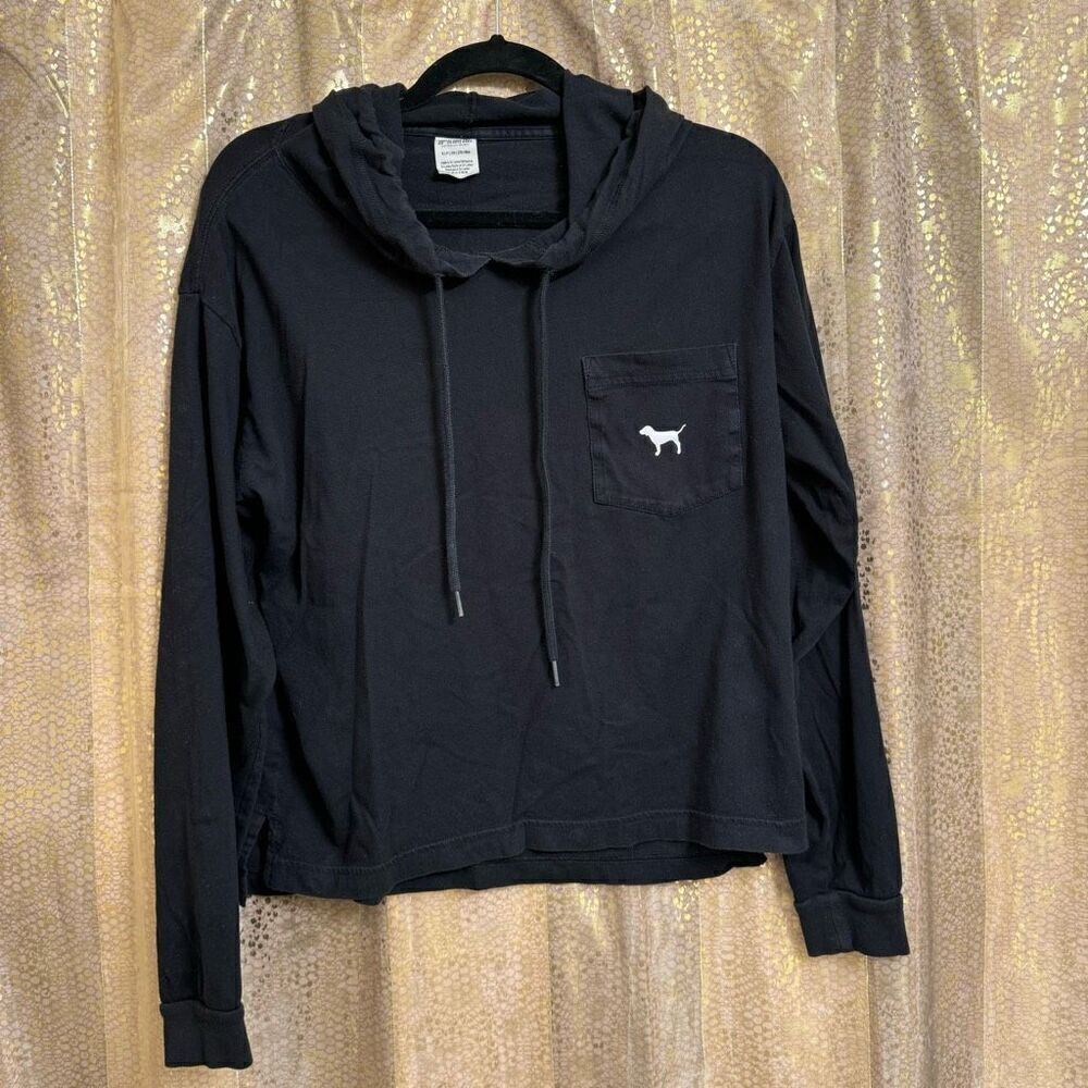 PINK Victorias Secret Black White Logo Pullover Hoodie Shirt Small